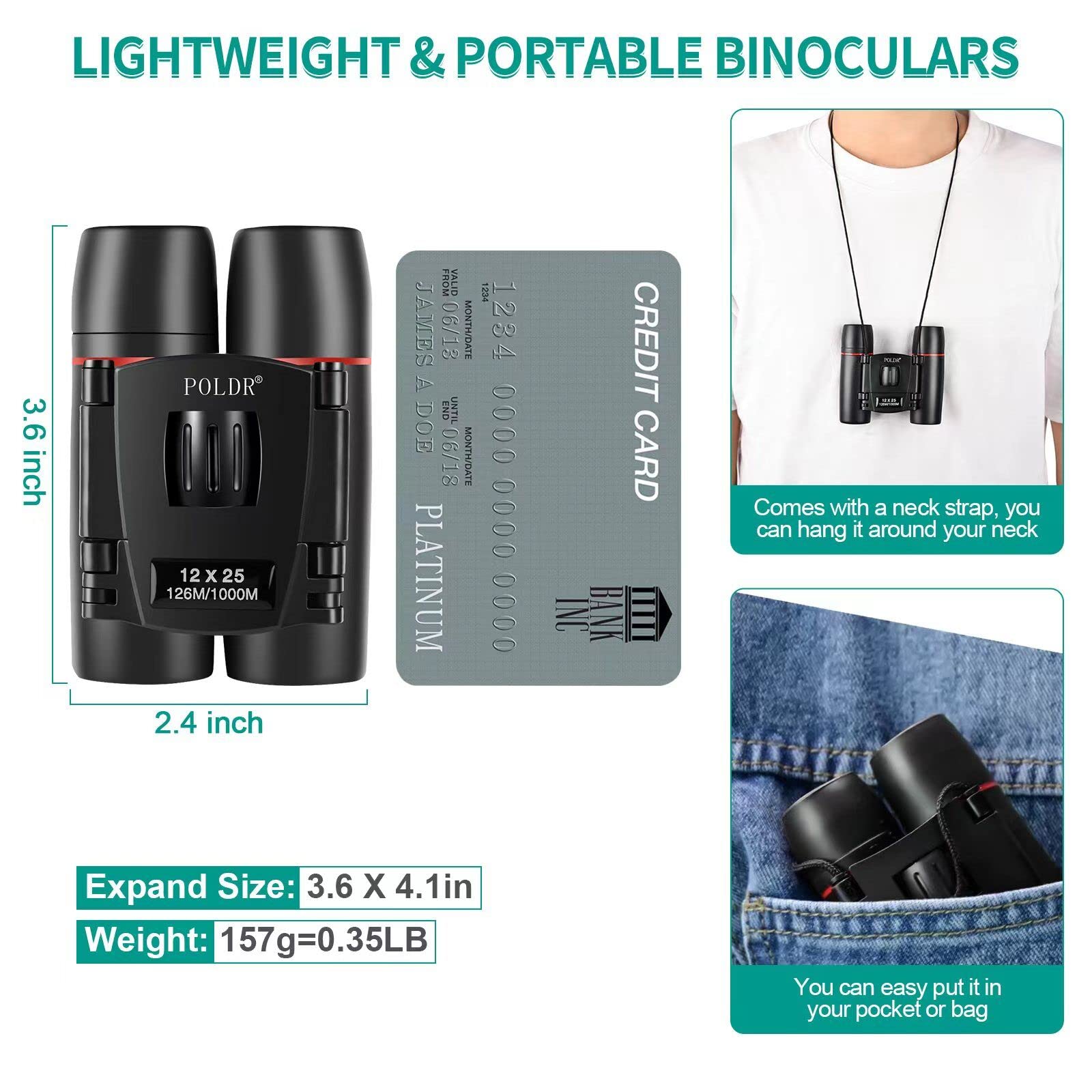 Poldr 12X25 Small Binoculars With Clear Vision, Pocket Binoculars Compact For Adults Theater Concert Opera Travel Bird Watching