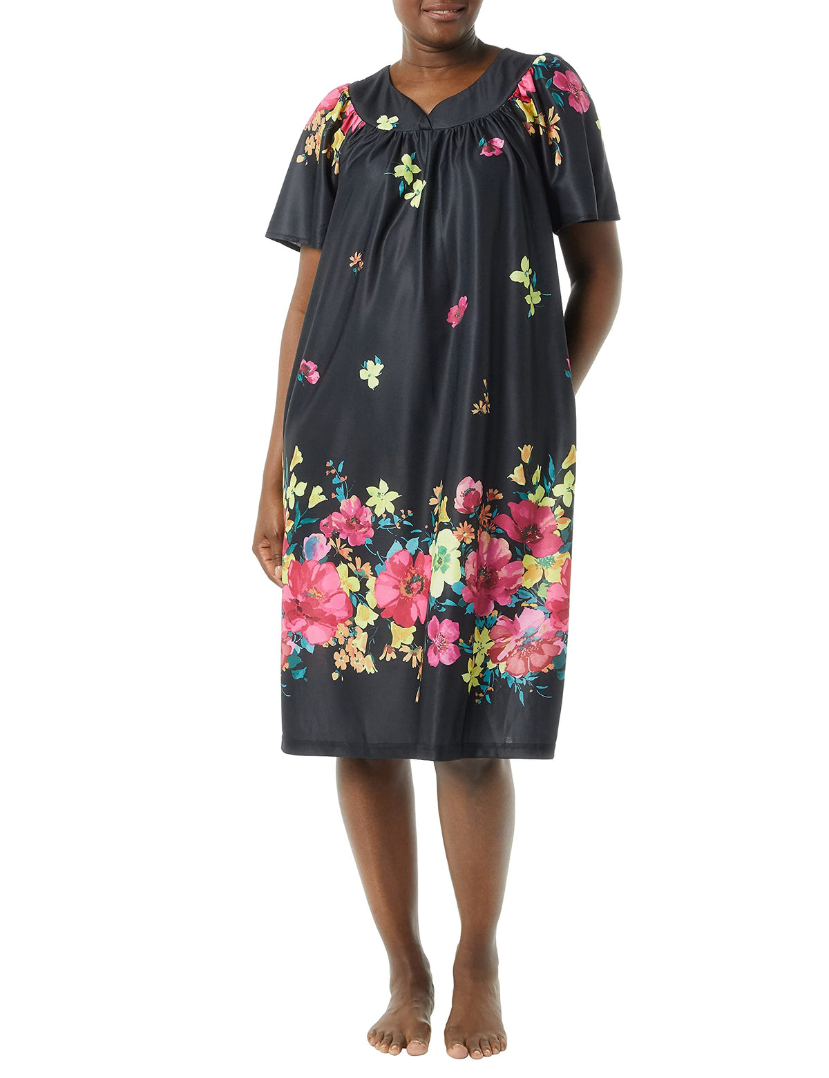 Amerimark Womens  Womens Plus Floral Flower Lounge Dress  Short Sleeve Gown Sleepwear For Ladies, Evening Floral, Md