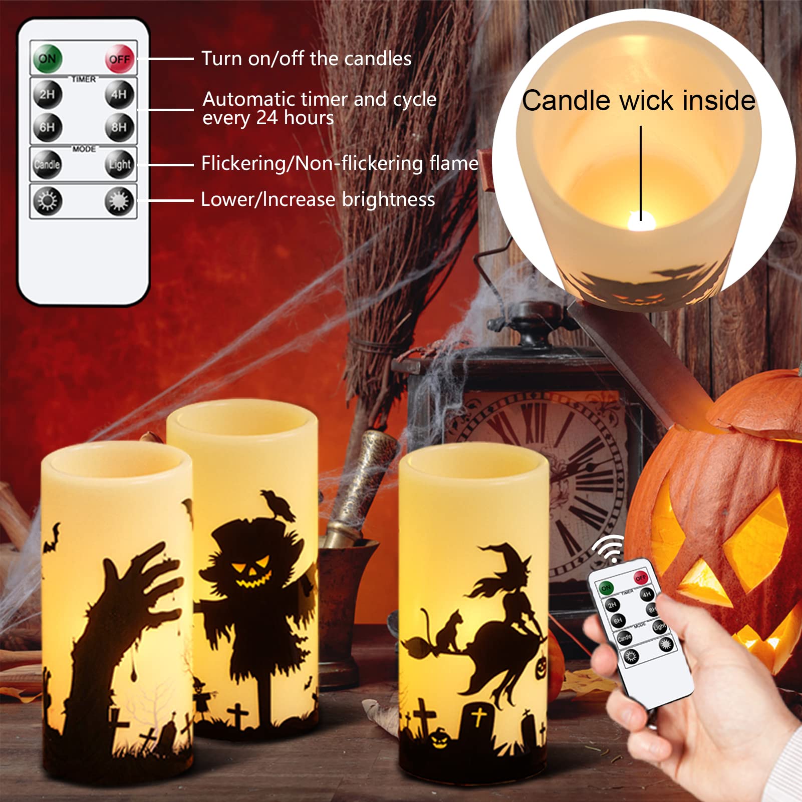 Wondise Halloween Flickering Flameless Candles With Remote, Battery Operated Led Real Wax Pillar Candles Set Of 3, Halloween Gif