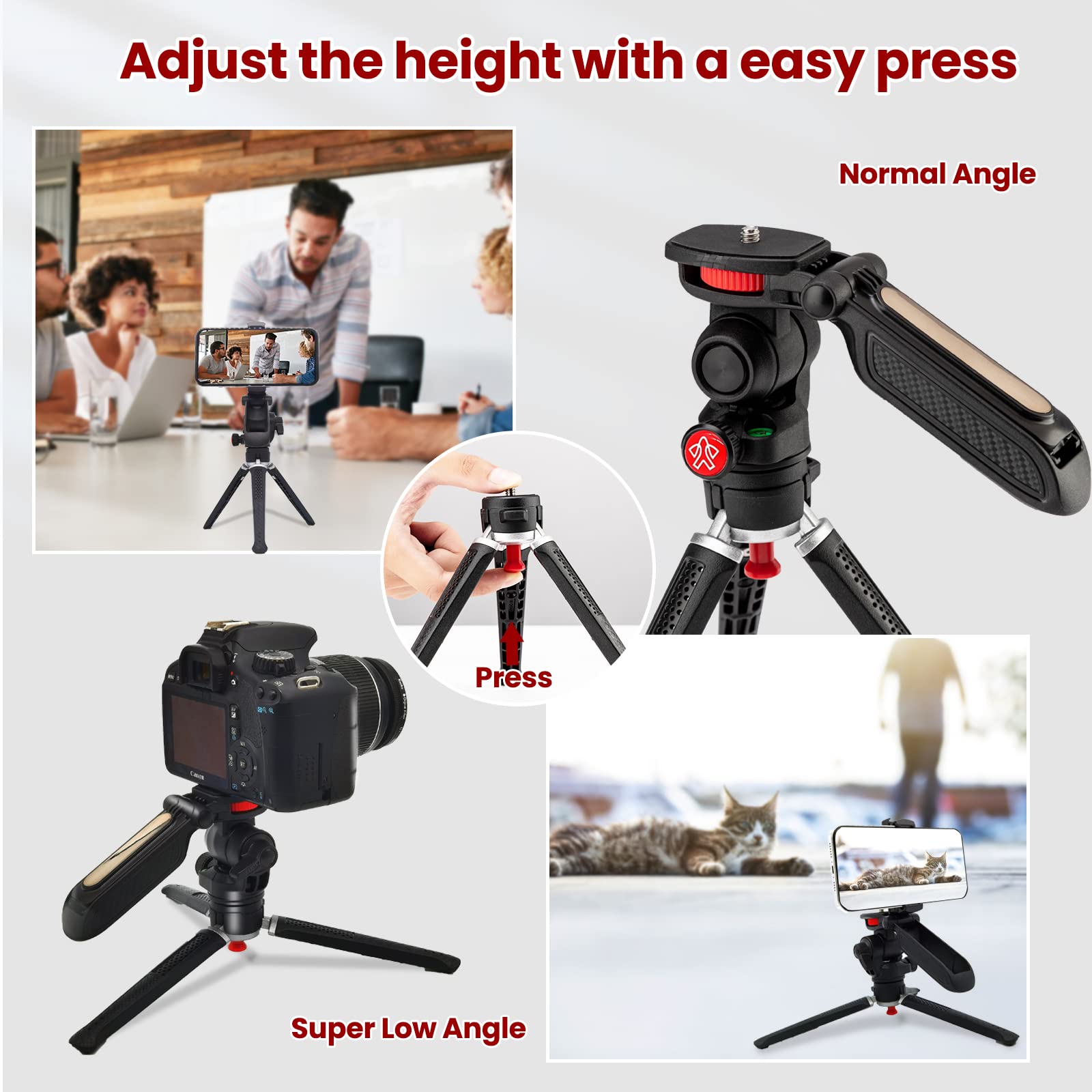 Goocong Mini Tripod For Camera, Small Camera Stand Tripod Phone Holder For Video Recording Vlogging Handle Grip With Cell Phone