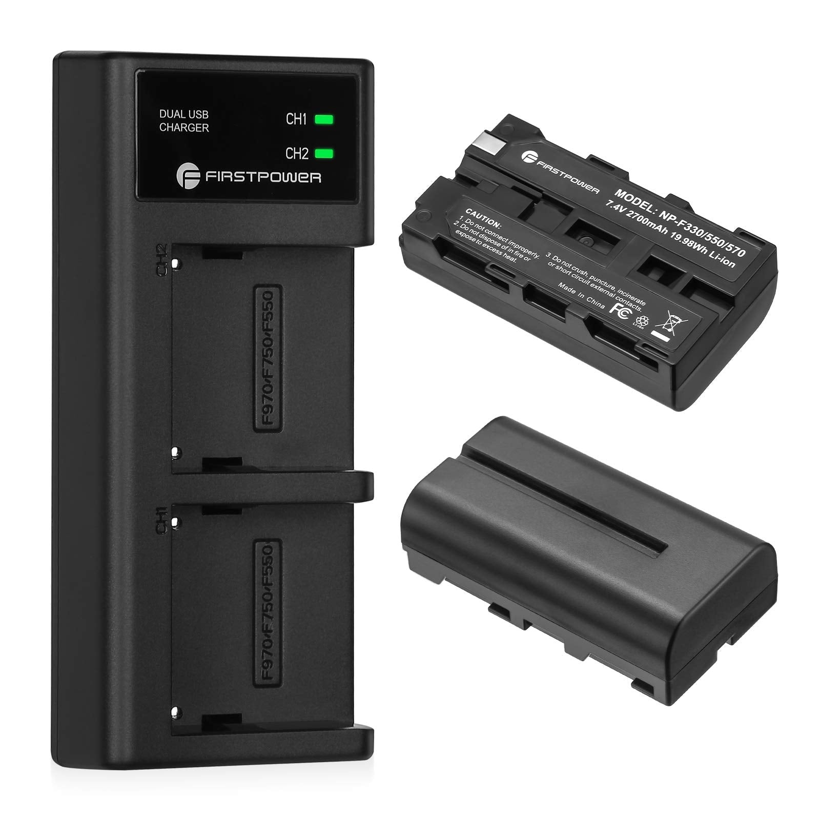 Firstpower Np F550 Battery 2 Pack And Usb Dual Slot Charger Compatible With Sony Np F570, F550, F530, F970, F960, F770, F750, F3