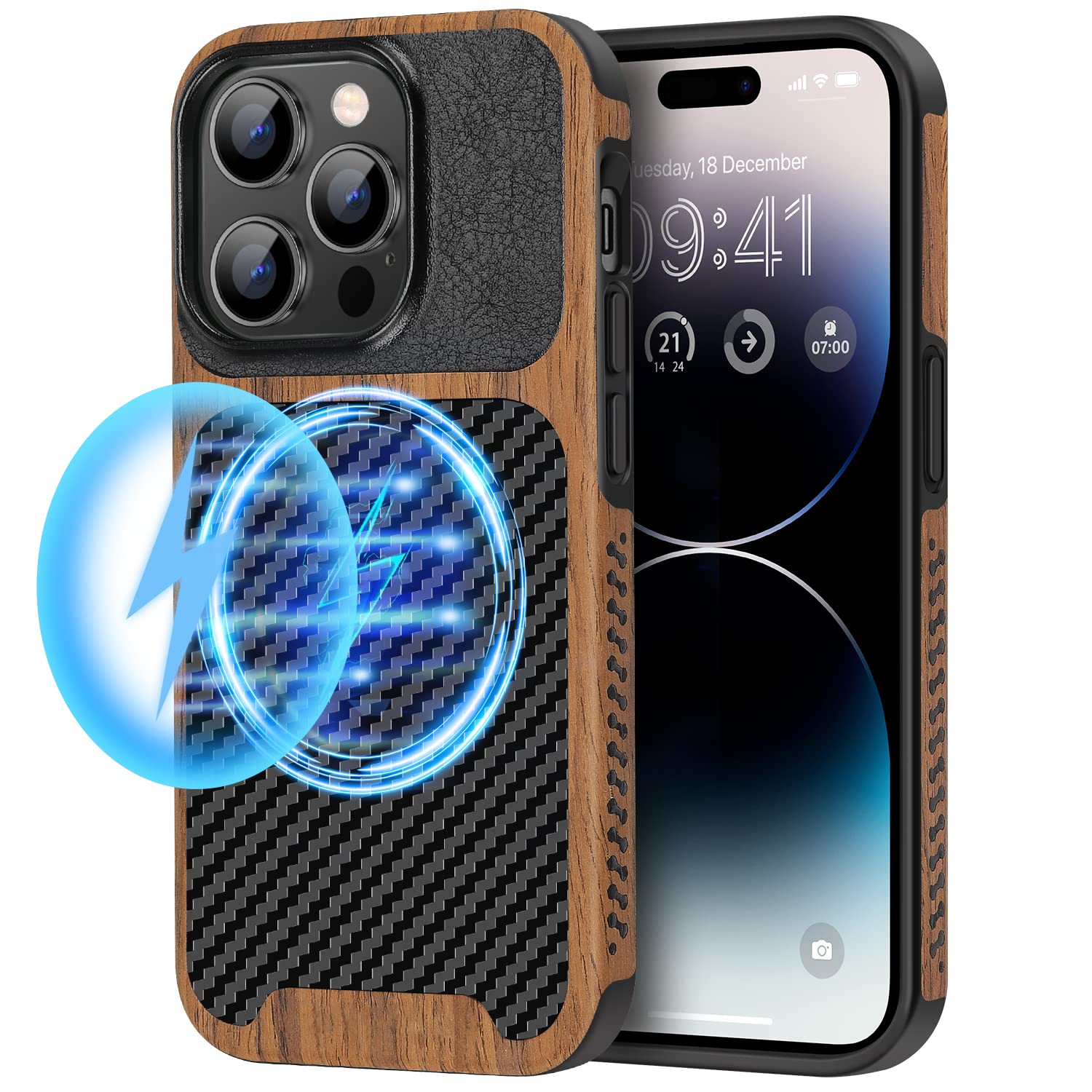 TENDLIN Magnetic Case Compatible with iPhone 14 Pro Max Case Wood Grain with Carbon Fiber Texture Design Leather Hybrid Slim Cas