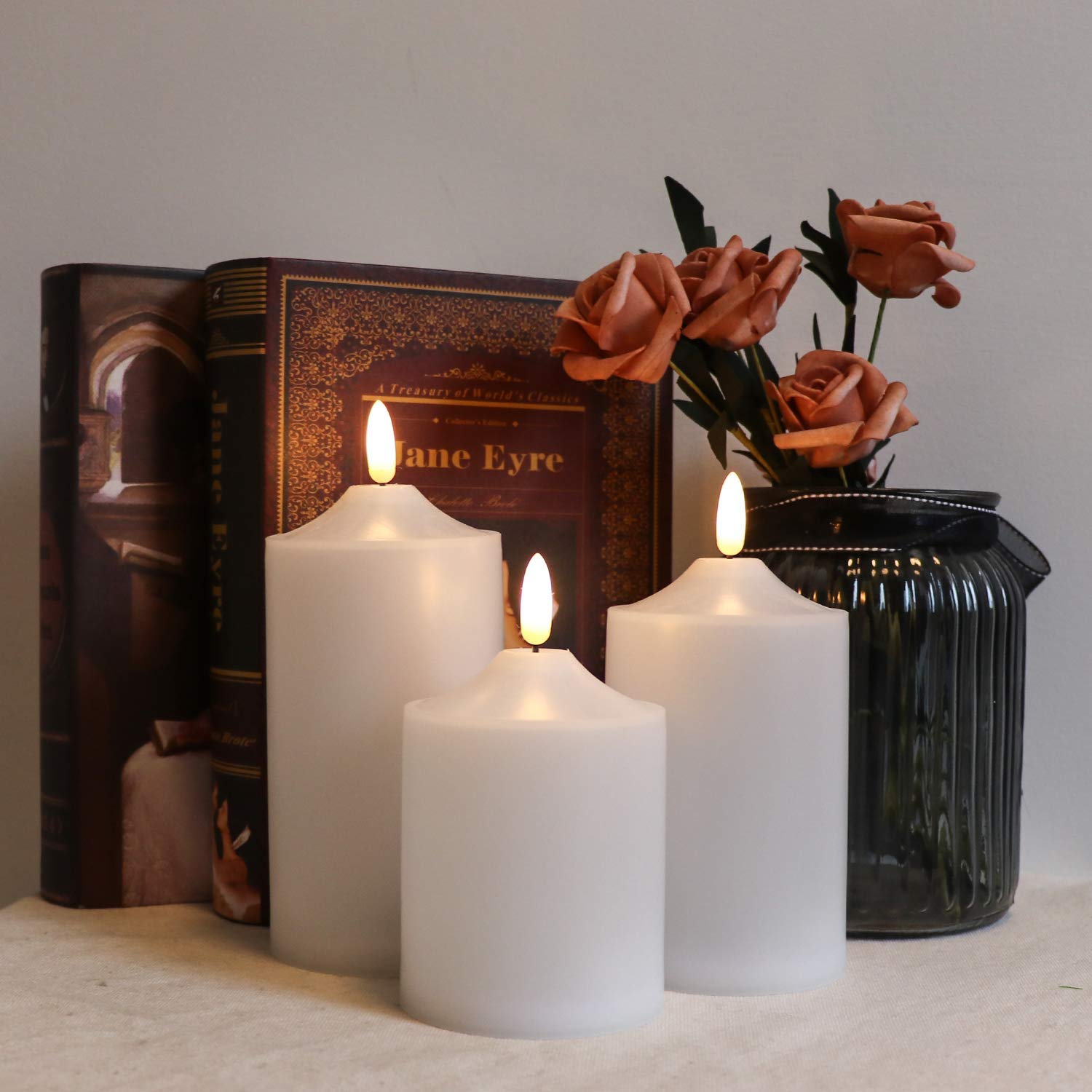 Eldnacele Waterproof Outdoor Flameless Flickering Led Candles With Timer Remote, Battery Operated 3D Wick Plastic Pillar Candles