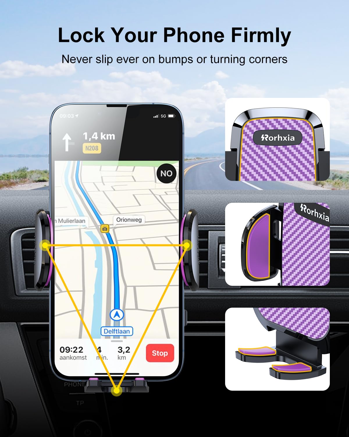 Rorhxia Purple Car Vent Phone Mount, [Never Blocking Vent, Enjoy The Comfort Of The A/C] Hands Free Universal Extension Clip Air
