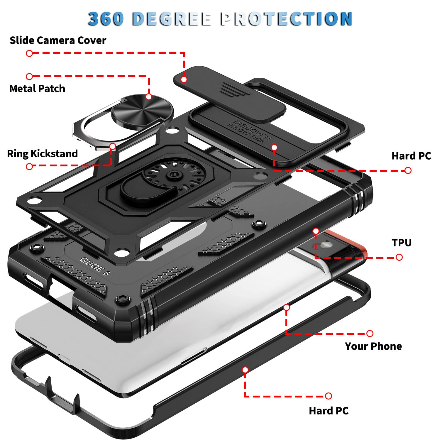 Fetrim Google Pixel 6 Pro Case   Black, Dual Layer Shockproof, Camera Cover, Rotation Ring Stand, Magnetic Car Mount