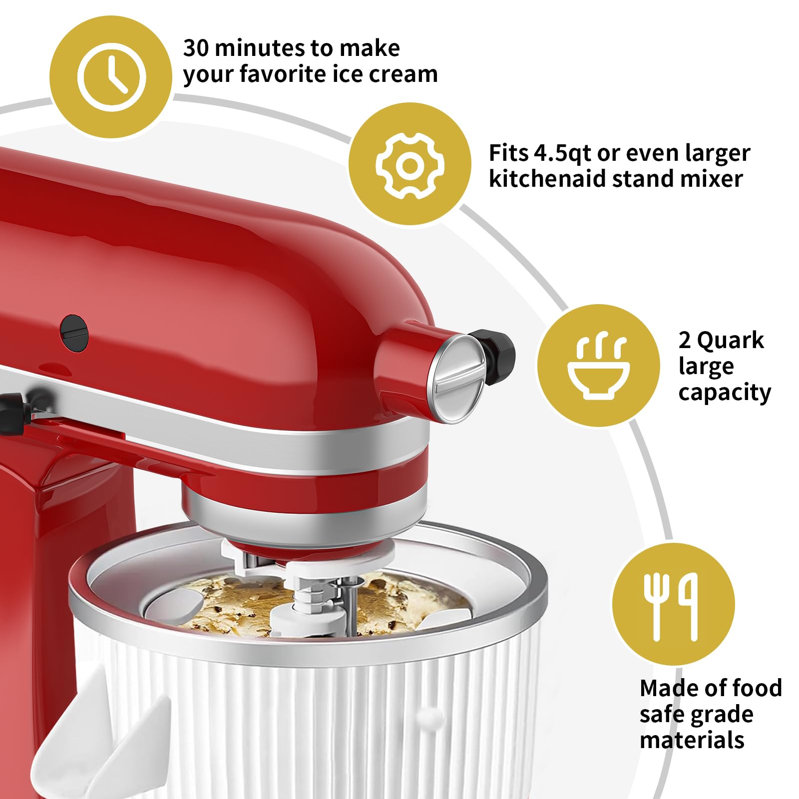 Ice Cream Attachment For Kitchenaid,Fits Kitchenaid 4.5 5Qt/5.5 6 Quart Stand Mixers,Mixer Accessories,Makes 2 Quarts Of Frozen