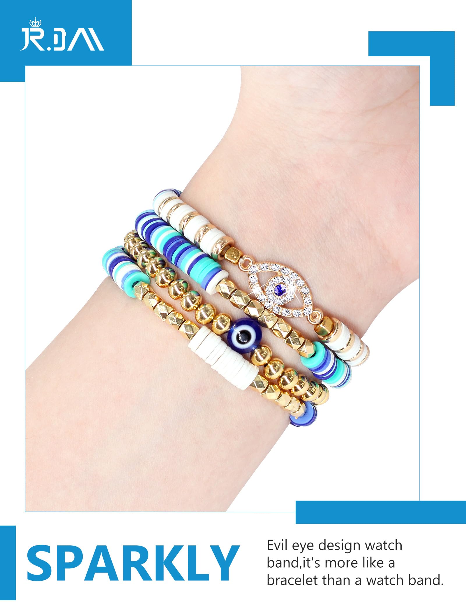 Jr.Dm Beaded Bracelet Compatible With Apple Watch 42Mm 44Mm 45Mm 46Mm For Women, Stretchy Gillter Evil Eyes Jewelry Handmade Wat