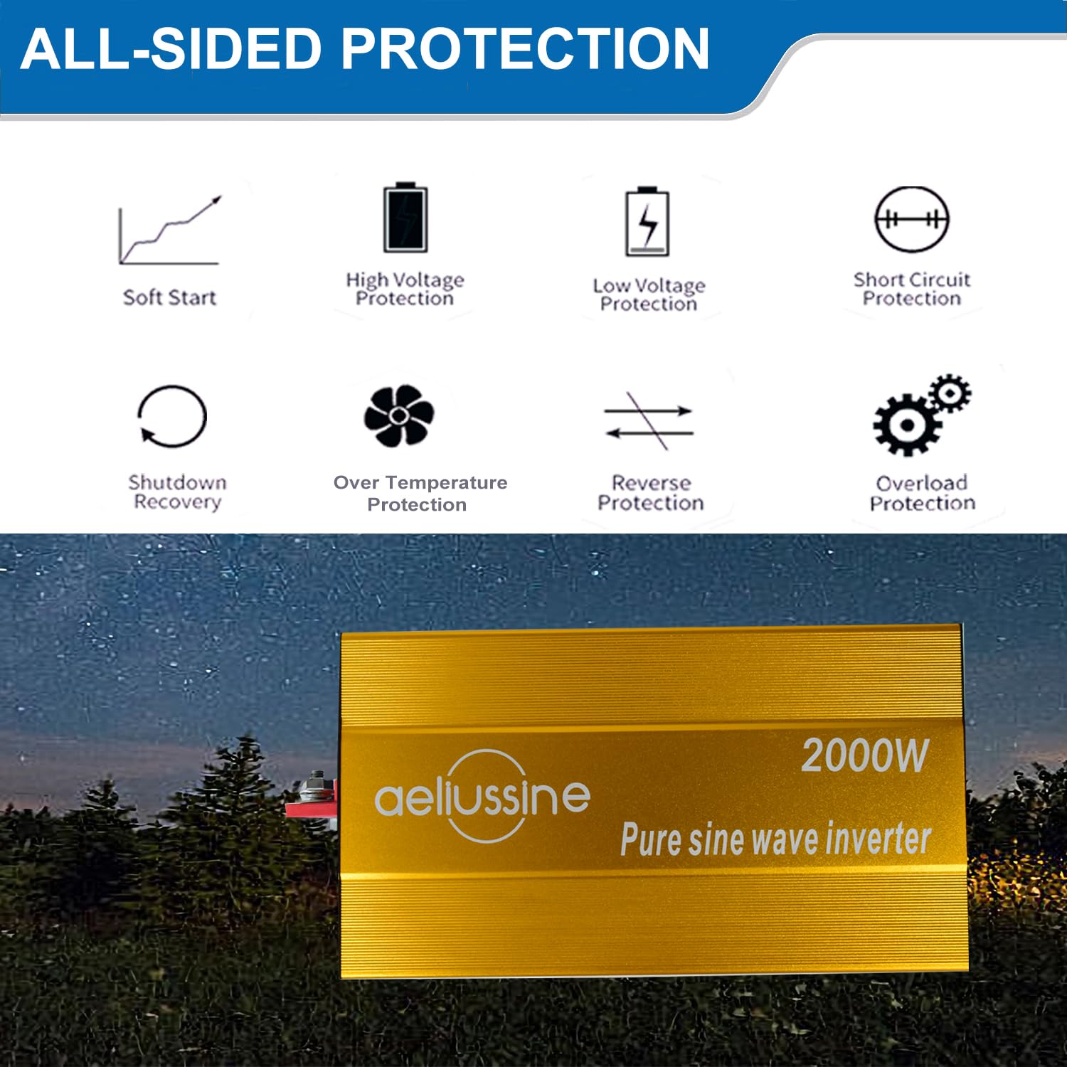 Aeliussine 2000W Pure Sine Wave Inverter-36V Dc To 110V 120V Ac Power Converter With 2 Ac Outlets, 36 Volt Power Inverter For Tr