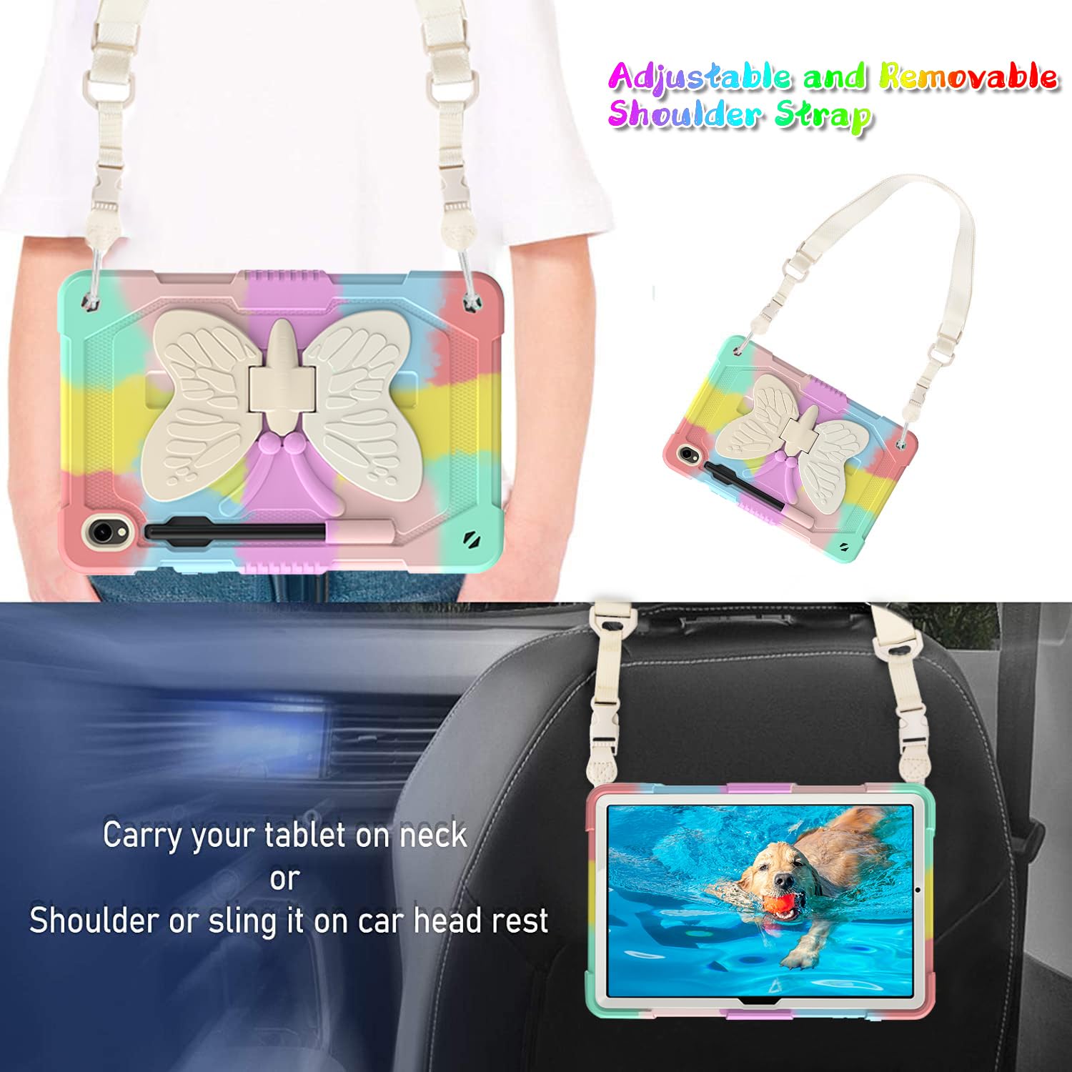 Dreamerx Case For Samsung Galaxy Tab S9 /S9 Fe 5G 2023  Shockproof Case W/Butterfly Kickstand Shoulder Strap Pen Holder  Multi V