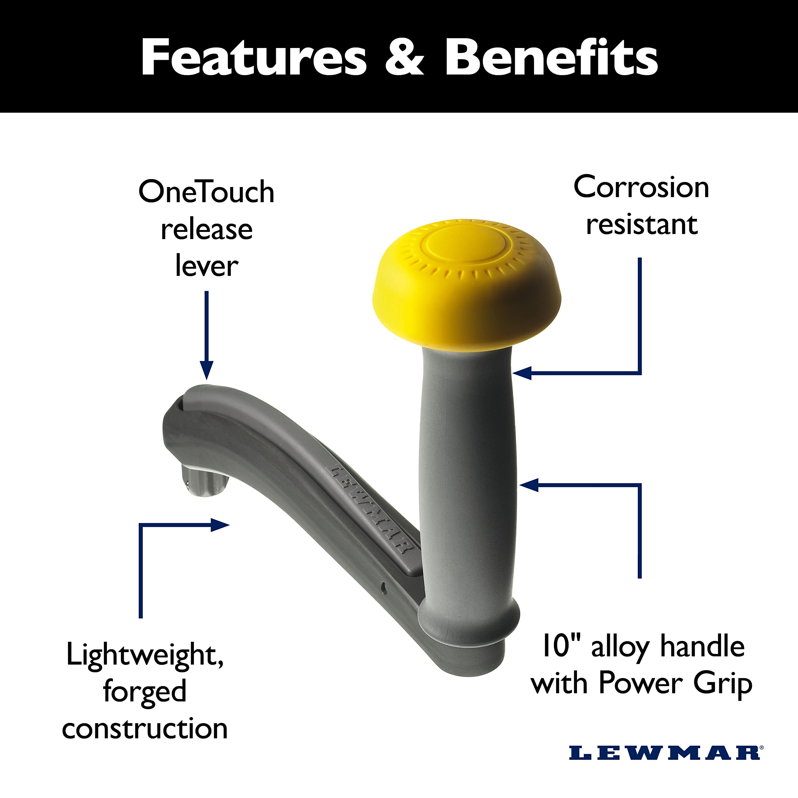 Lewmar 10'' One Touch Aluminum Winch Powergrip Handle - Lightweight, Corrosion-Resistant, Marine-Grade Alloy, One-Touch Lock-In ,WBHDWB00B7T3O8S