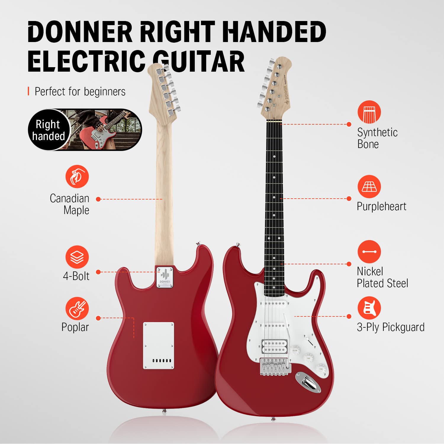 Donner Dst 100R 39 Inch Electric Guitar Beginner Kit Red Full Size Solid Body Hss Pick Up Starter Package With All Accessories A