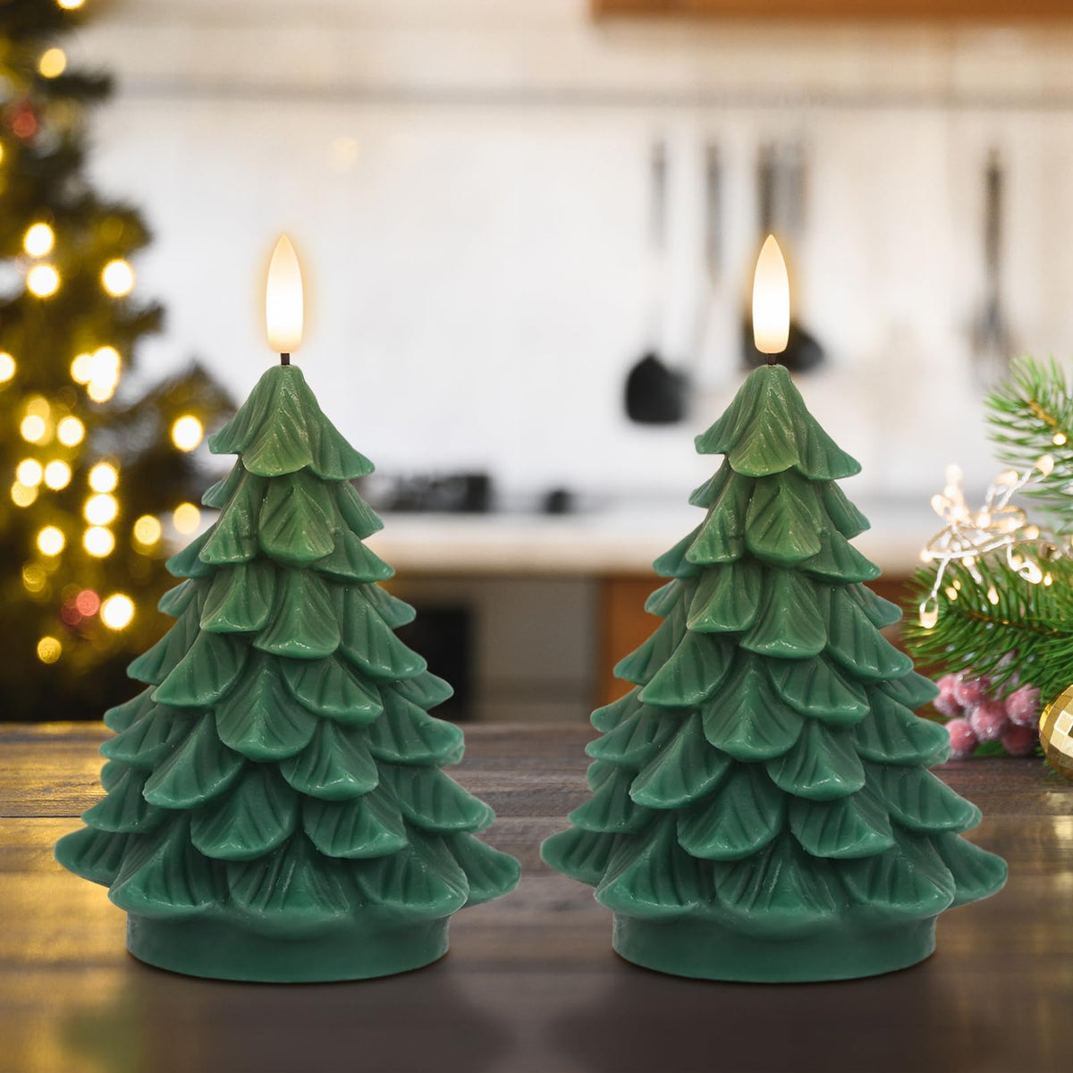 Lasumora Christmas Tree Shaped Led Candles With 6H Timer, 2 Pcs Flameless Pillar Candles Flickering, Battery Operated Led Candle