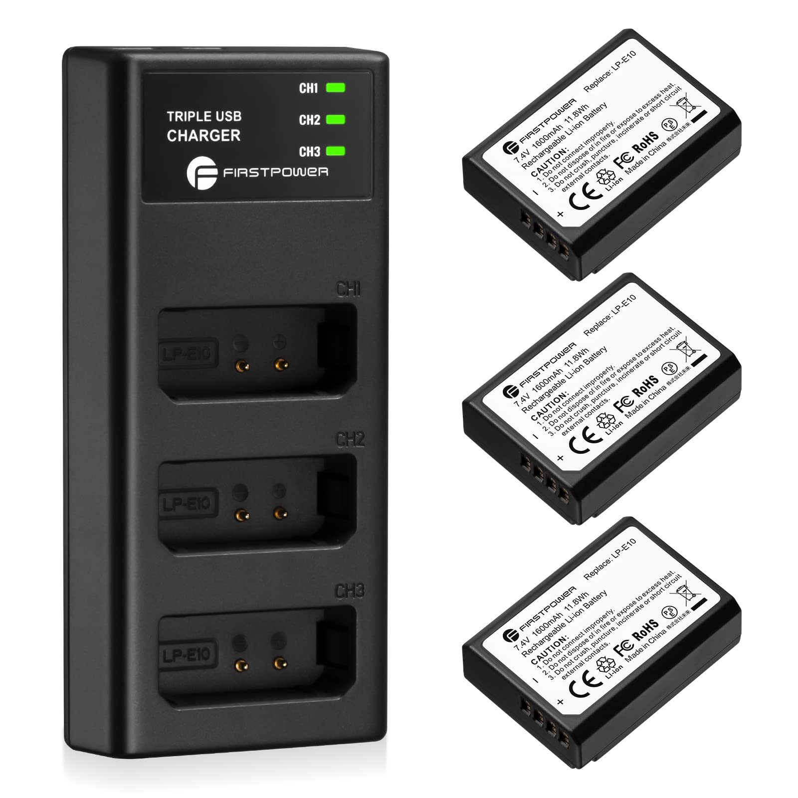 Firstpower Lp E10 Battery 3 Pack And Triple Slot Charger Compatible With Canon Eos Rebel T100, T7, T6, T5, T3, Kiss X50, X70, X80, X90, 1100D, 1200D, 1300D, 1500D, 2000D, 3000D, 4000D Digital Cameras