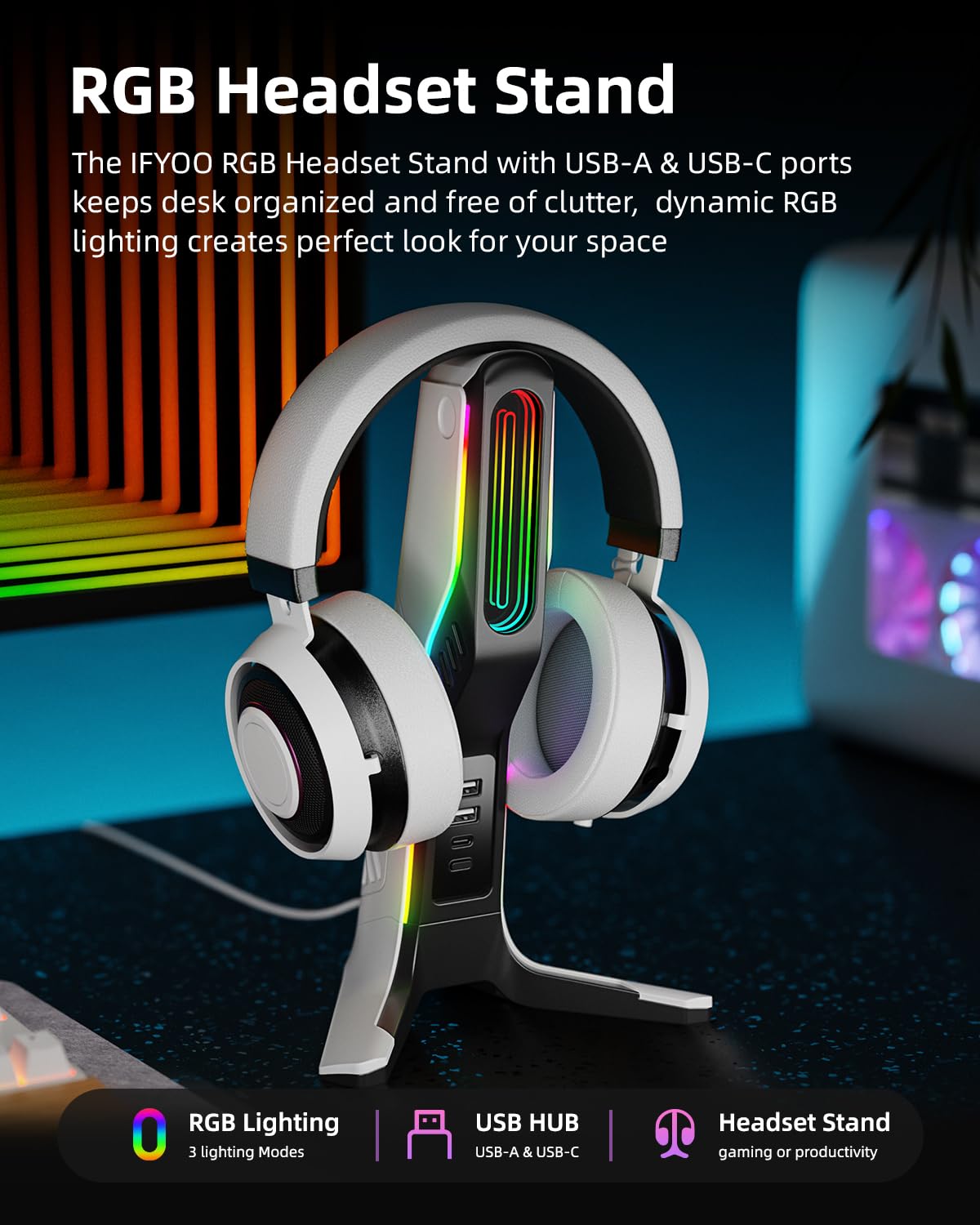 IFYOO RGB Gaming Headset Stand with USB & Type-C Ports, Black & White, Model IFYOO-HS-X2, PC/Xbox/PS5 Compatible