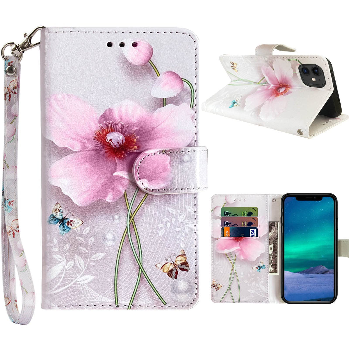 Jancalm Compatible With Iphone 12 Wallet Case/Iphone 12 Pro Wallet Case, Floral Pattern Pu Leather [Wrist Strap][Card/Cash Slots
