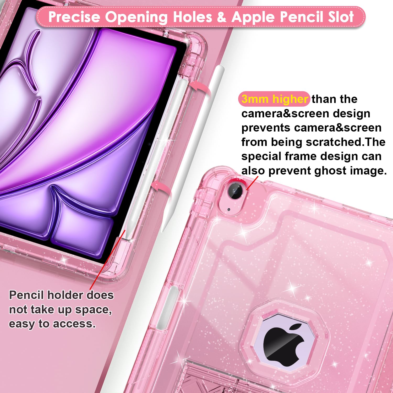 Zonefoker For Ipad Air 6Th 11 Inch M2 Generation Case 2024, Ipad 5Th/4Th 11 Inch 2022/2020, Pink Glitter Slim Cover With Pencil