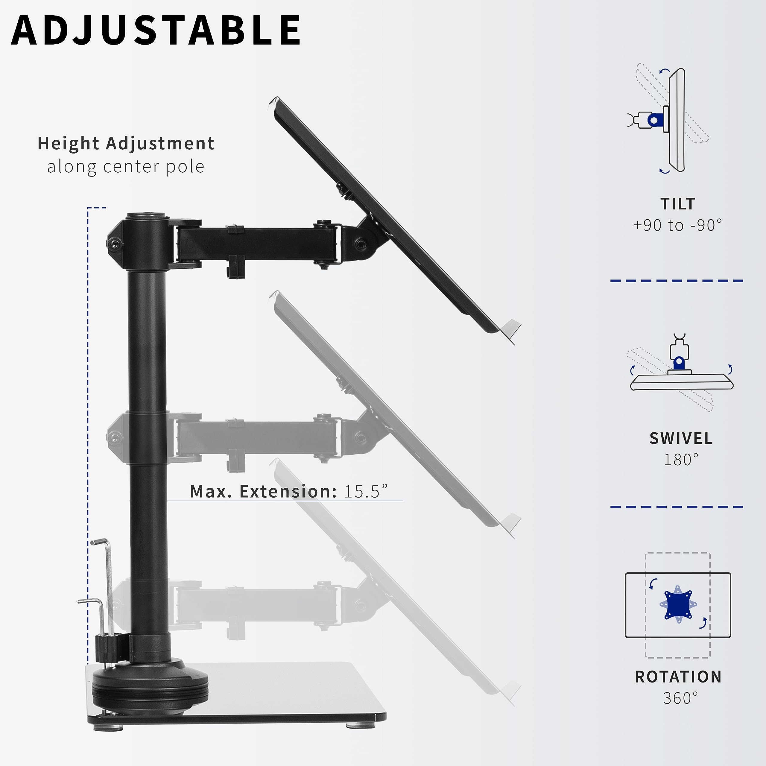 VIVO Free Standing Single Laptop Desk Stand with Sleek Glass Base, Adjustable Arm with Ventilated Notebook Tray, Fits up to 17 inch Laptops, Black, STAND V001FGL