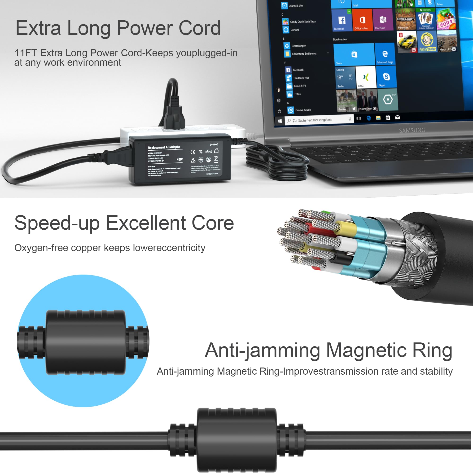 Zosam 45W AC Adapter Laptop Charger for Acer Aspire 5 & Chromebook R11, Black, 19V 2.37A, Power Cord, Compatible Models A515-44/