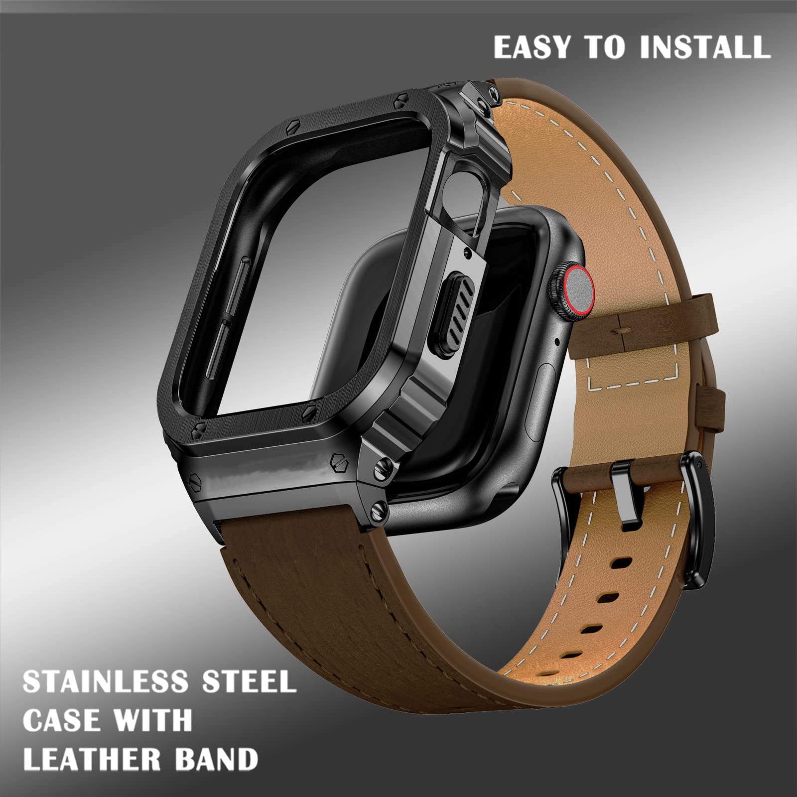 Suplink Stainless Steel Case And Bands Compatible With Apple Watch Band 44Mm 42Mm,Leather Strap Rugged Cover For Iwatch Series S