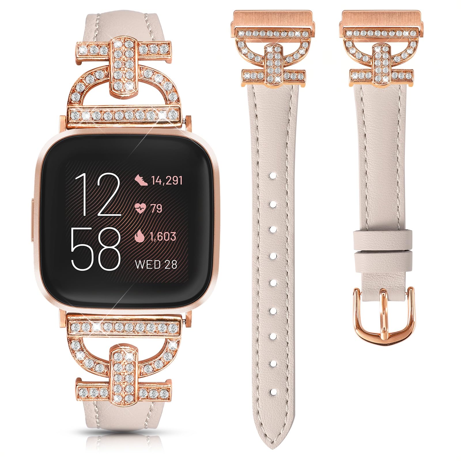 Minyee Leather Bands Compatible With Fitbit Versa 2/Fitbit Versa/Versa Lite Band Women, Dressy Slim Thin Leather Strap With D-Sh