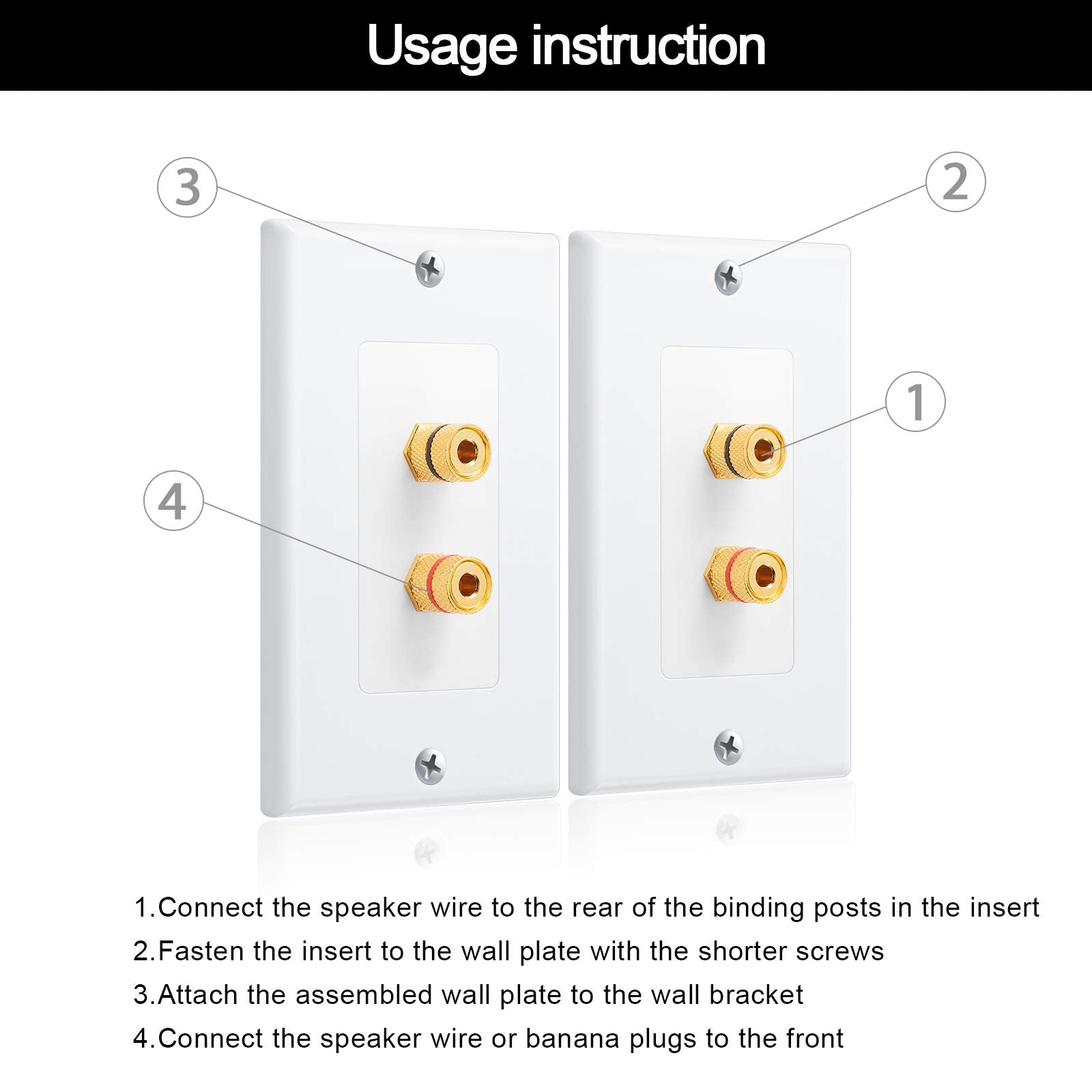4 Pack Single Gang 1.0 Speaker Wire Wall Plate (Banana Plug Wall Plate) For 1 Speaker, White