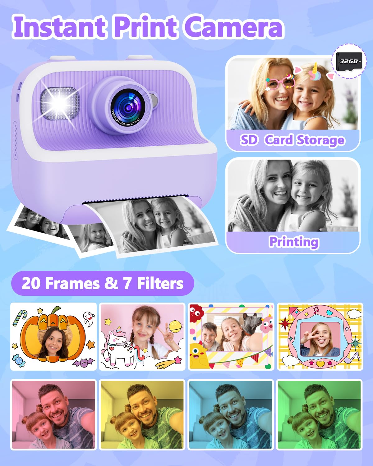 Instant Print Camera For Kids, Christmas Birthday Gifts For Girls Boys, Kids Camera Instant Print With Dual Camera 1080P Digital