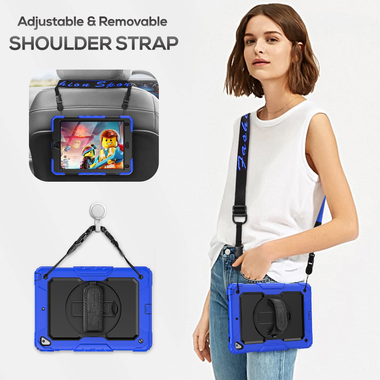 Seymac Case For Ipad 6Th/5Th Generation 9.7 Inch, Full Body Shockproof Heavy Duty Protective Case With Screen Protector, Rotating Stand/Hand/Shoulder Strap For Ipad Air 2/ Pro 9.7, Dark Blue