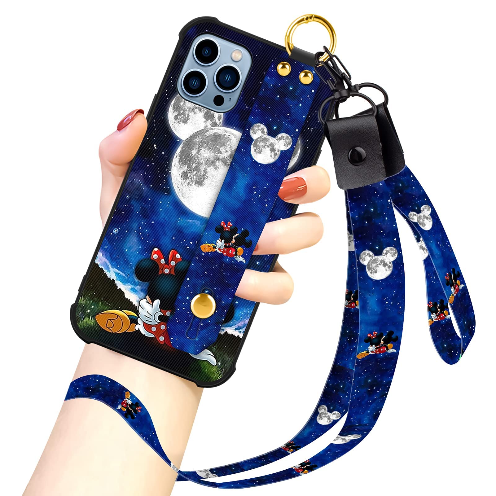 Cartoon Case For Iphone 13 Pro Max Case 6.7 Inch (2021) Cute Mickey Minnie Cartoon Character Design With Lanyard Wrist Strap Ban