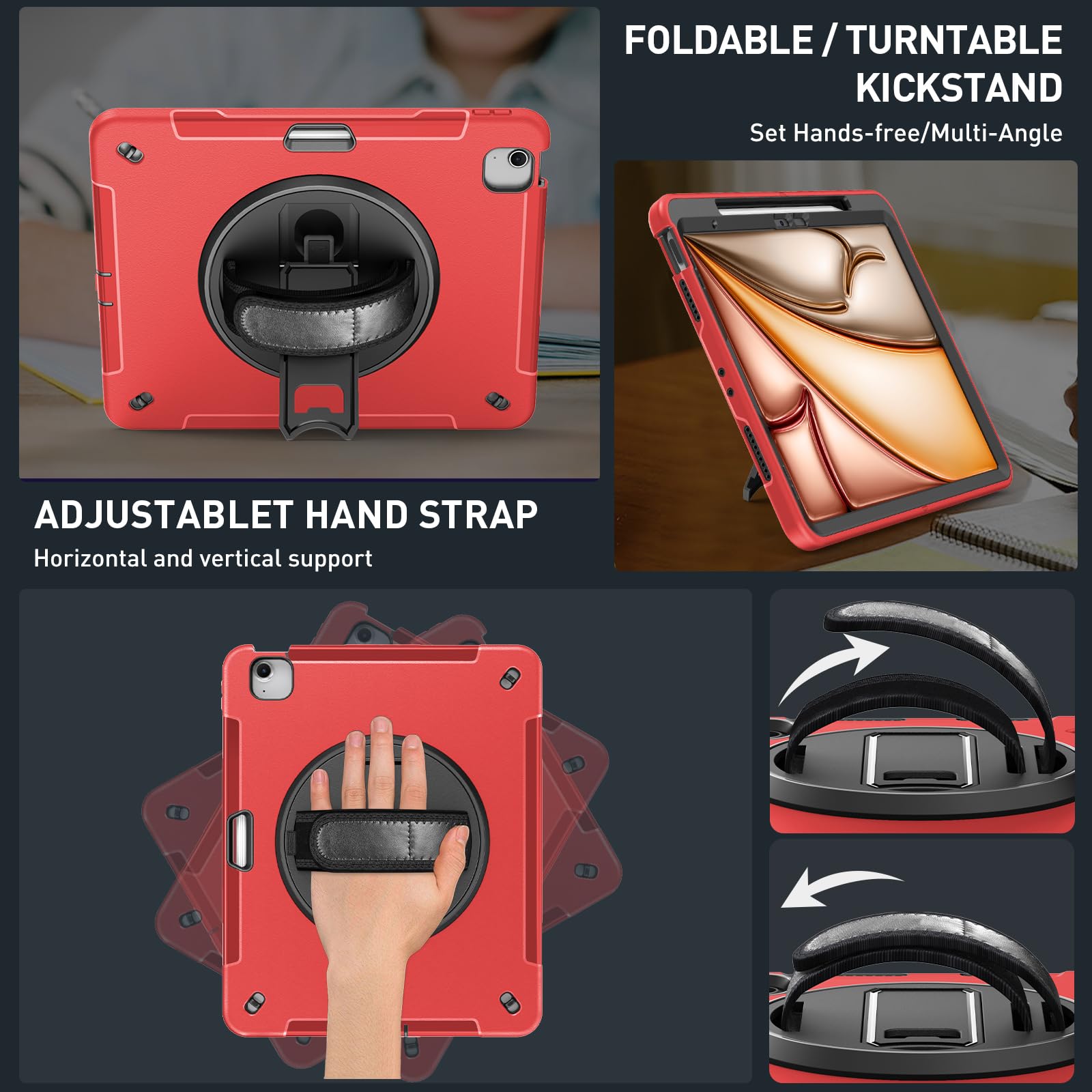 Supfives Case For Ipad Air 13 Inch 2024,With Screen Protector+Hand Strap+Shoulder Strap+Rotating Kickstand+Pencil Holder,Red