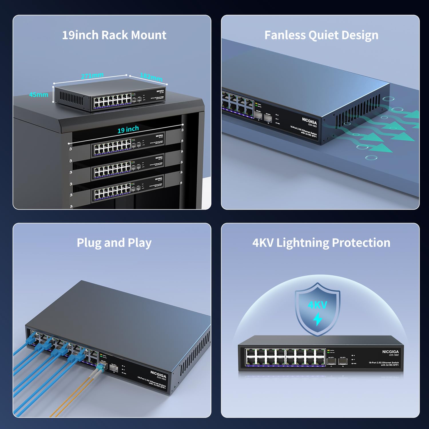 16 Port 2.5G ? 2 Port 10G Sfp+ Ethernet Switch, Nicgiga 18 Port 2.5Gb Network Switch Unmanaged, Plug & Play, Desktop Or 19 Inch