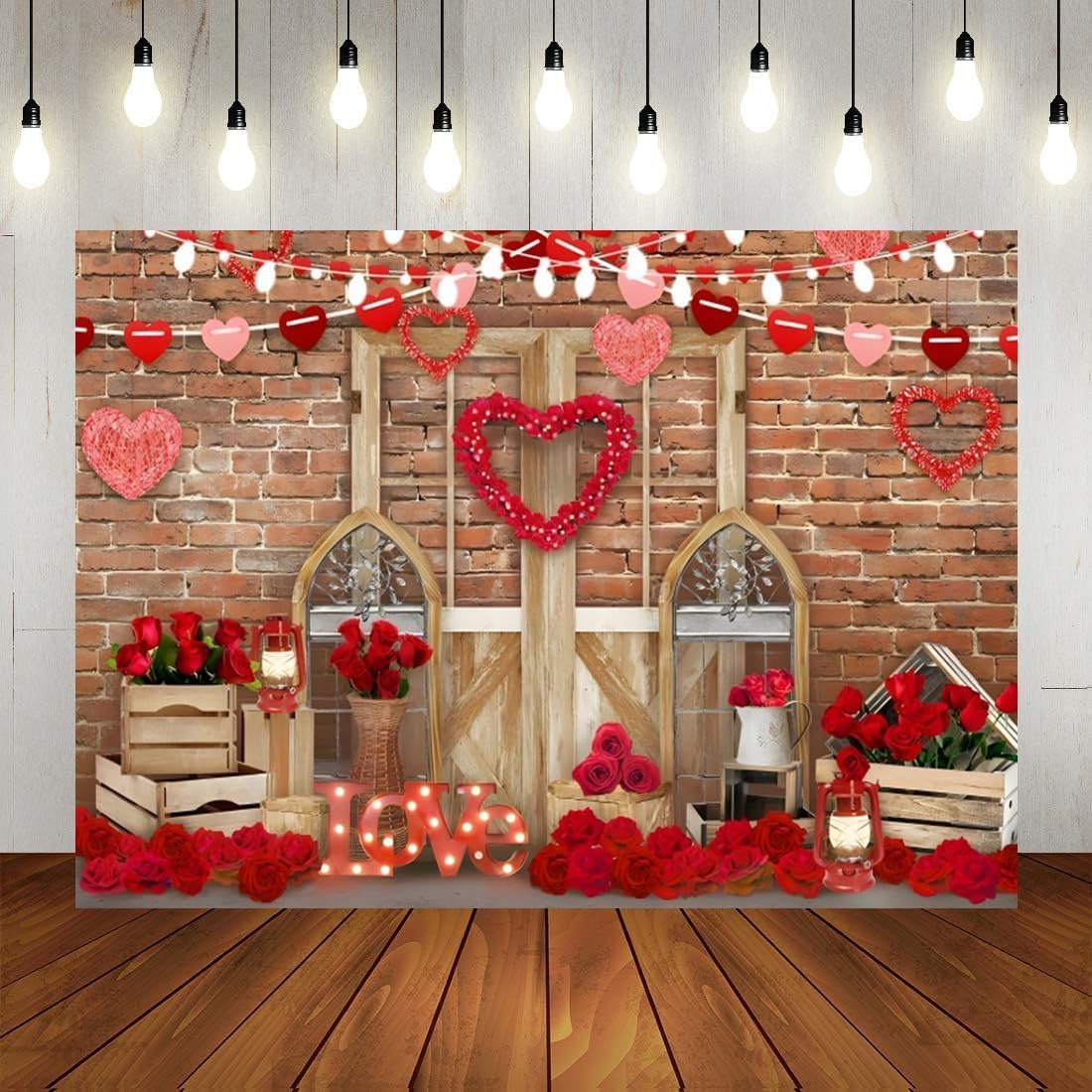 Caheansi 10x8 ft Happy Valentine Mothers Day Backdrop Brick Wall Wood Door and Red Rose Flower Love Heart Photography Backgroun