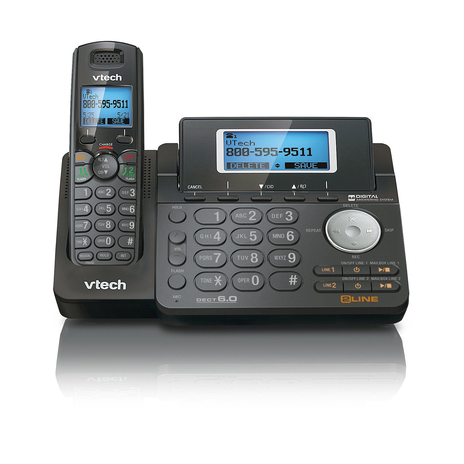 Vtech Ds6151-11 Dect 6.0 2-Line Expandable Cordless Phone + (2) Ds6101-11 Accessory Handset, Black