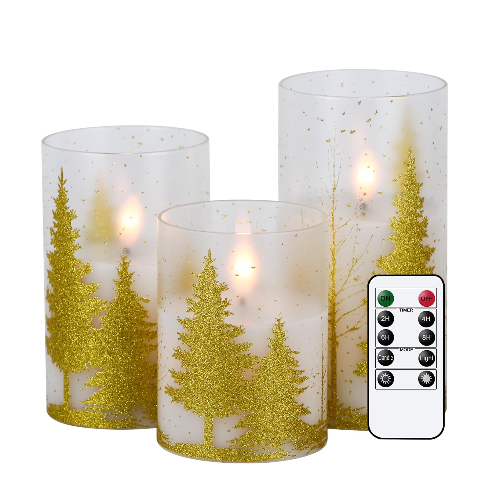 Dromance Christmas Tree Glass Flameless Candles With Remote Timer Battery Operated Real Wax 3D Wick Led Flickering Pillar Candle
