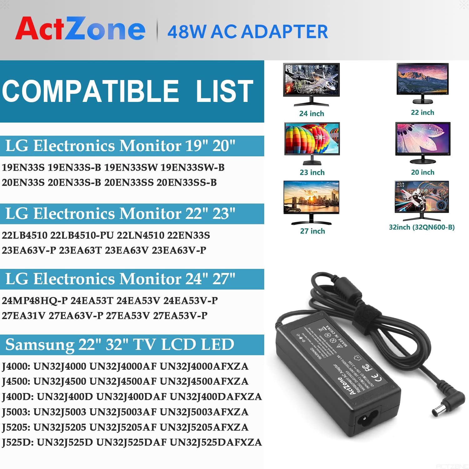 Dc 19V Power Cord Tv Charger For Lg Electronics 19' 20' 22' 23' 24' 27' Led Lcd Monitor Widescreen Hdtv 24M47H P 24Mp55Hq, Samsung 32' J5205 J5003 H5000 Un32J4000 Un32J4000Af Un32J5205 A4819 Fdy