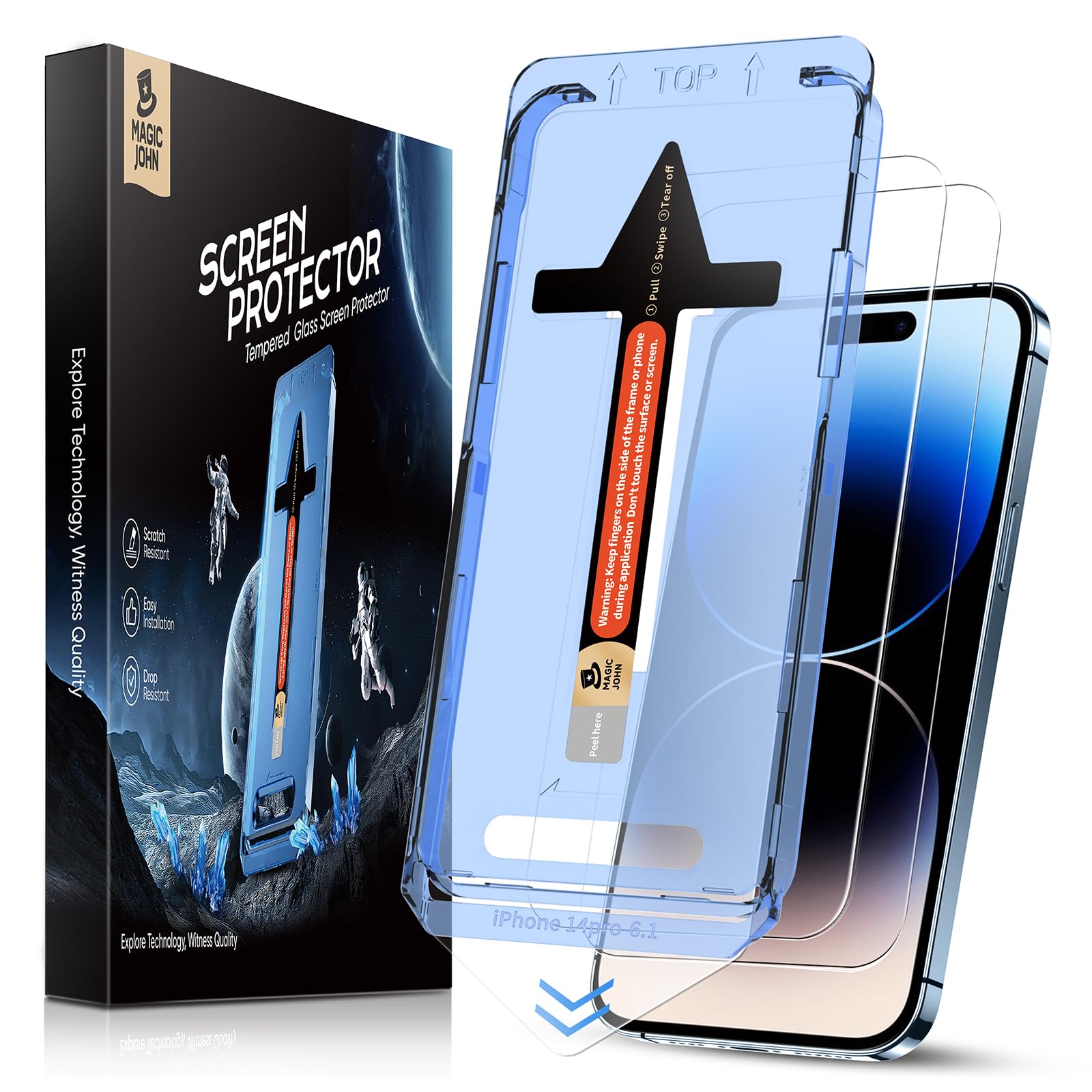 Magic John 2 Pack For Iphone 14 Pro 6.1 Inch Tempered Glass Screen Protector, Auto Dust Elimination Installation, Bubble Free, D