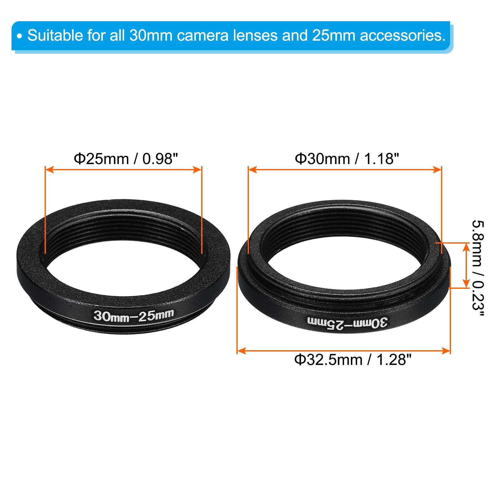 Patikil 30Mm 25Mm Metal Step Down Ring, Camera Lens Filter Adapter Ring Aluminum Filter Adapter Ring For Camera Lenses Hood, Bla