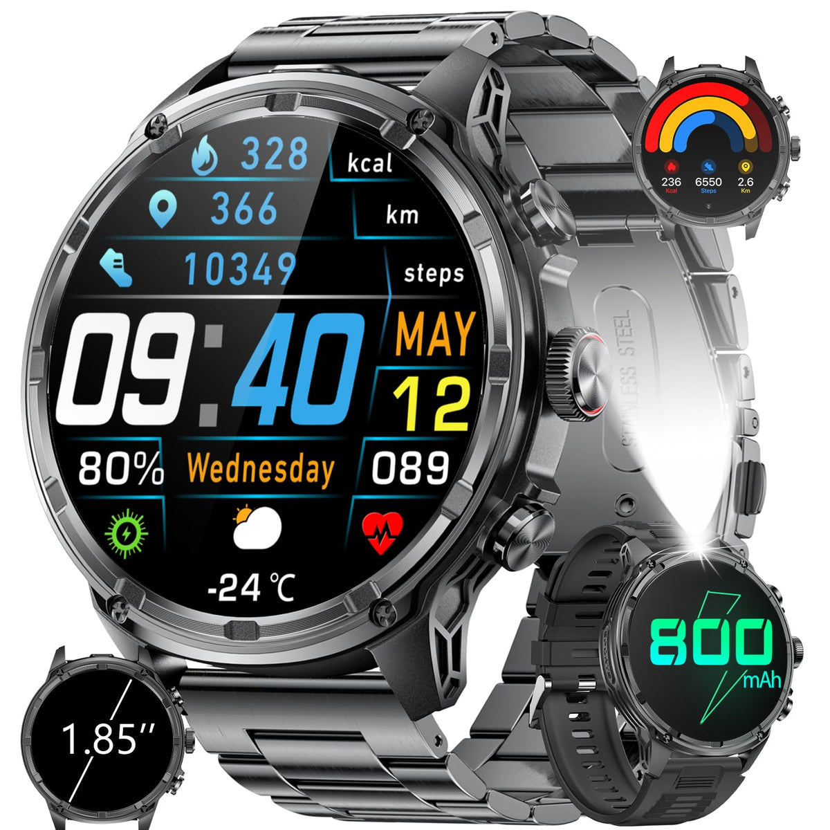Hirreo Smart Watches For Men (Bluetooth Call), 1.85 '' Extra Large Screen Smartwatch With Led Flashlight, 800Mah Extra-Long Batt