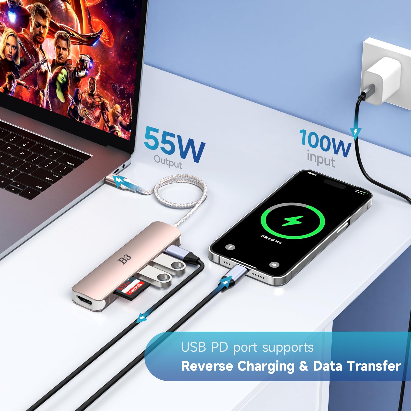 B3 BIGTHREE USB C Hub HDMI Adapter 6-in-1 4K 55W PD SD/TF USB 3.0 Multiport Converter with 50cm Cable Gold