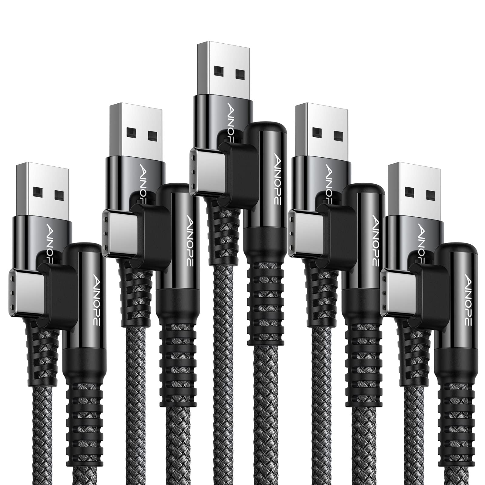 Ainope Usb Type C Cable 5 Pack [10/6.6/6.6/3.3/1.6Ft] 3.1A C Type Charging Cable Right Angle, Nylon Braided Usb C Cable Compatib