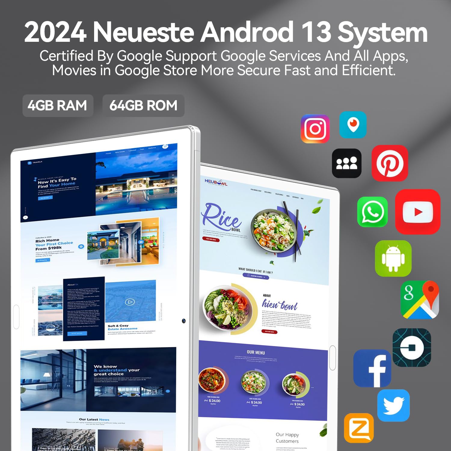 Newest 2024 Android 13 Tablet 10.1 Inch, Dual 4G Cellular Tablets With 64Gb Rom+512Gb Expandable, 3 In 1 Tablet With Keyboard Mo