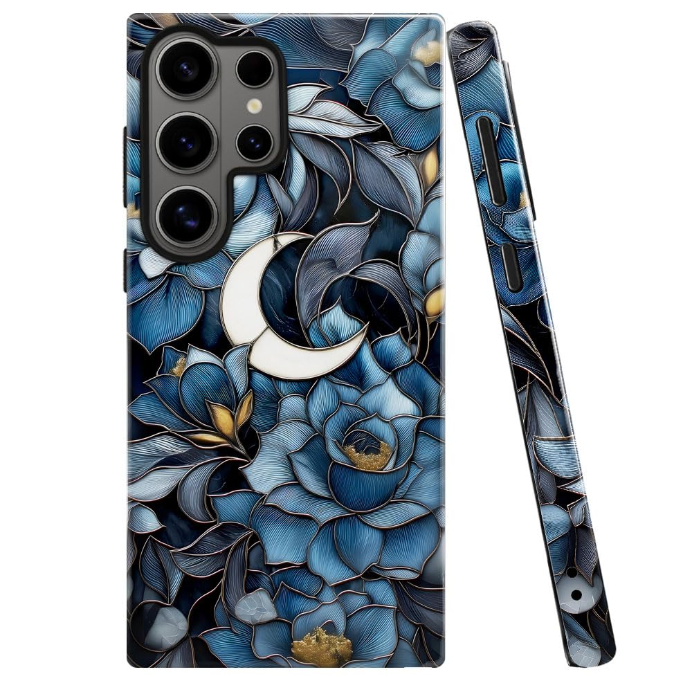 Case for Samsung Galaxy S26 Ultra,Stained Glass Floral and Moon Phone Case Military-Grade Drop Protection Cover for Women Girl -