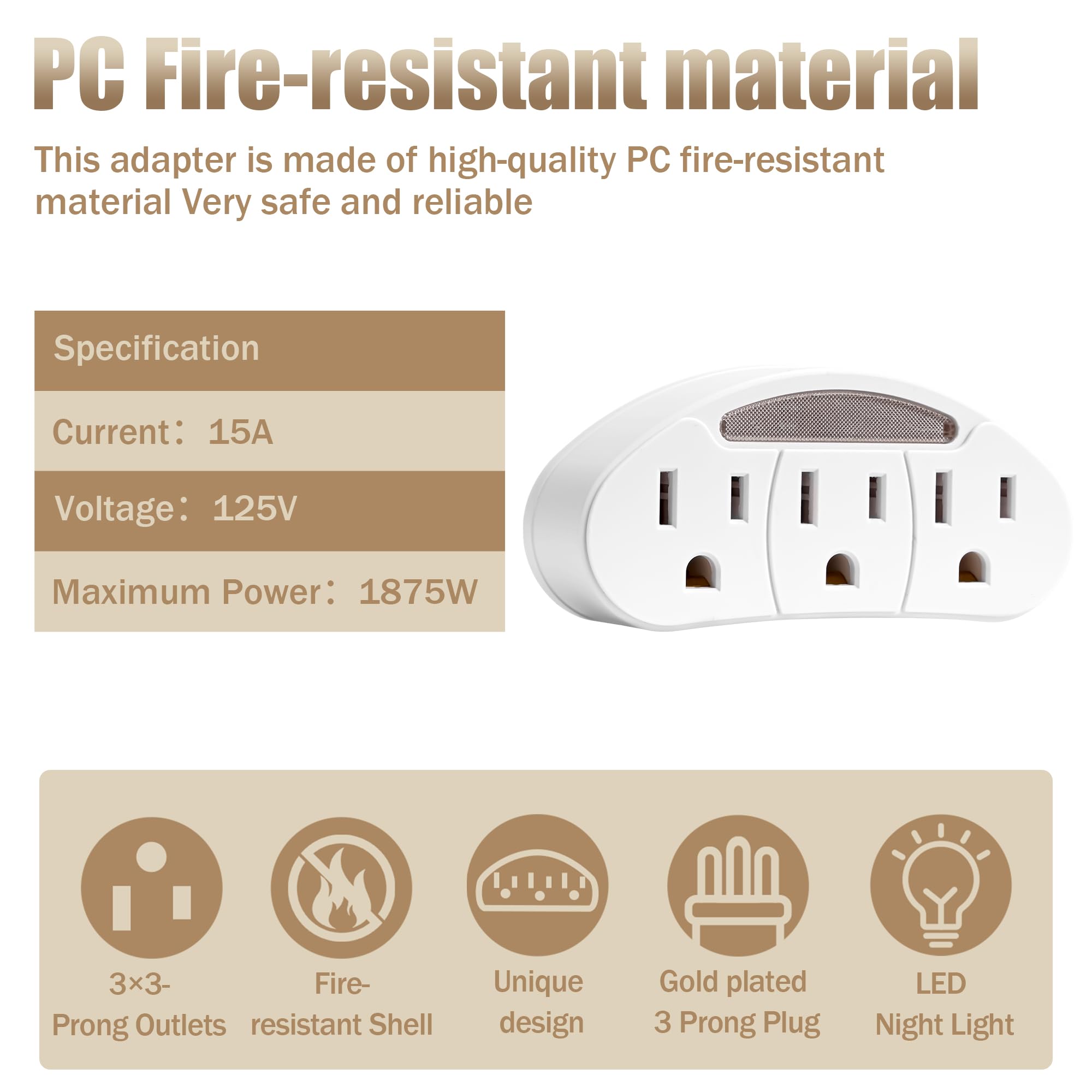 3 Prong 3 Outlet Plug Wall Mount Extender, 3 Prong To 3 Prong 3 Side Outlet Plug Splitter Converter, Multi Plug Outlet Spaced Ad