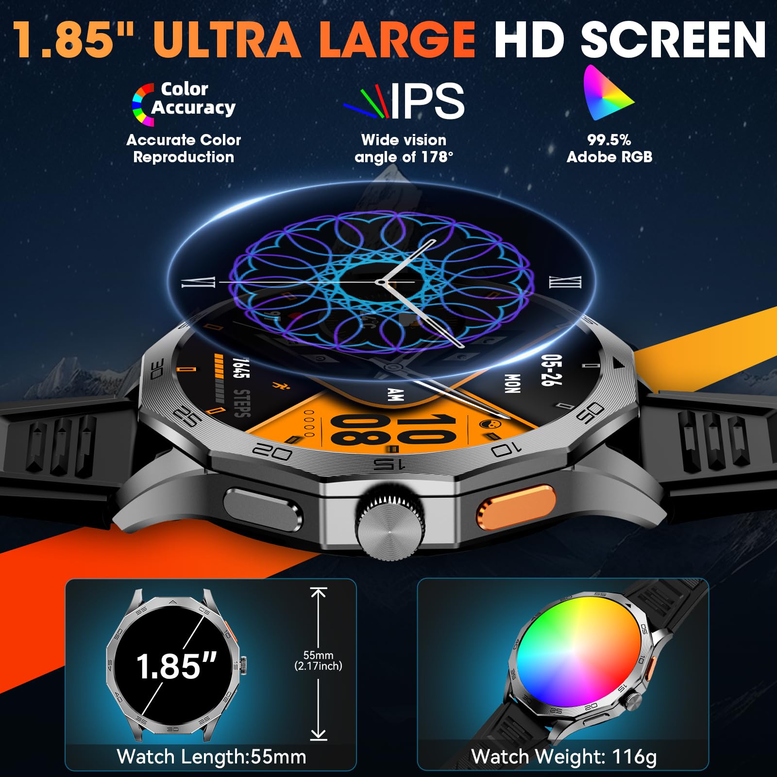 Military Smart Watch For Men 1.85'' Hd Ultra Screen Touch Screen 710Mah Battery Smart Watches For Android Ios (Bluetooth Call An