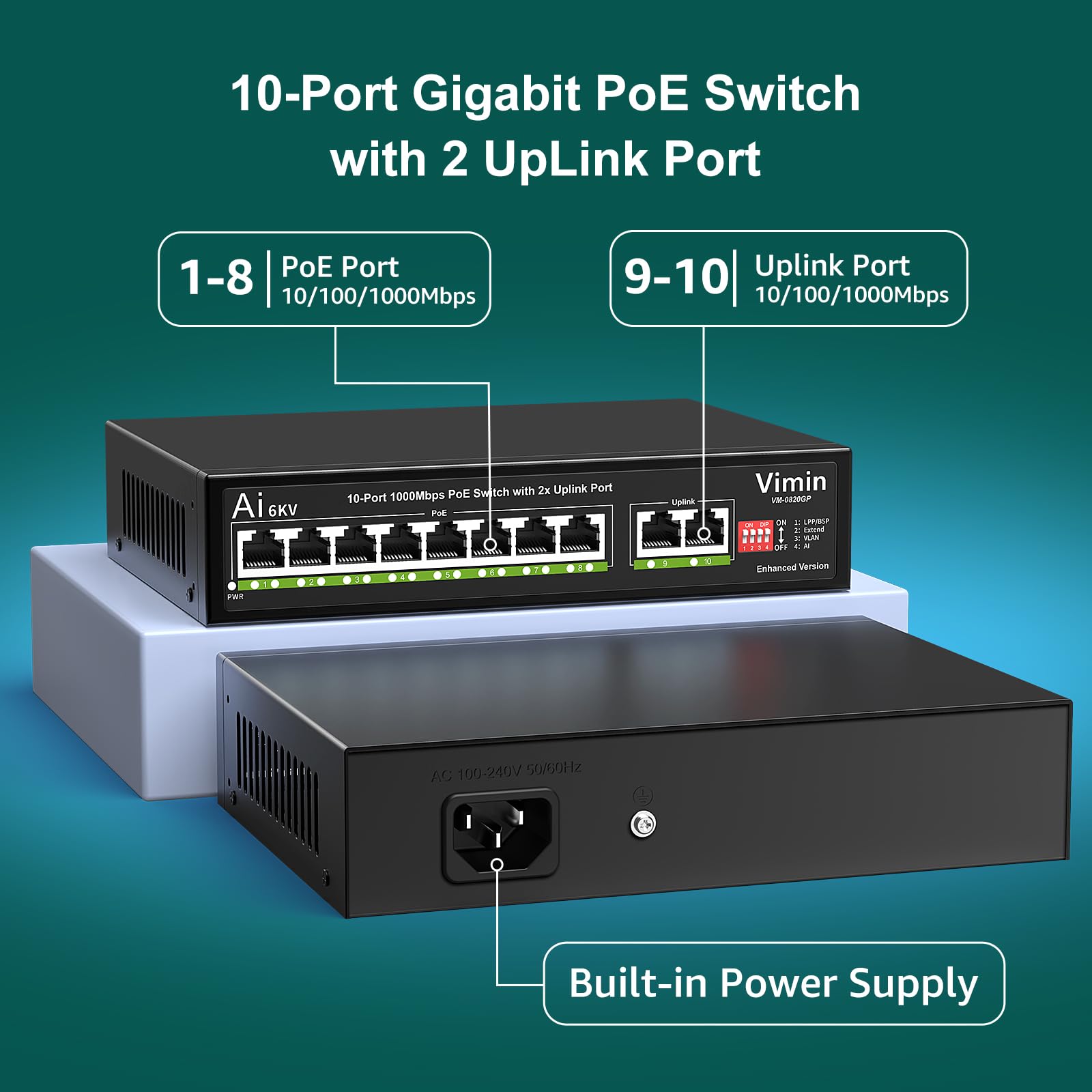 [Upgraded] 10 Port Gigabit Poe Switch With 8 Port Poe, Vimin 8 Port Unmanaged 10/100/1000Mbps Network Poe Switch With 2 Uplink P