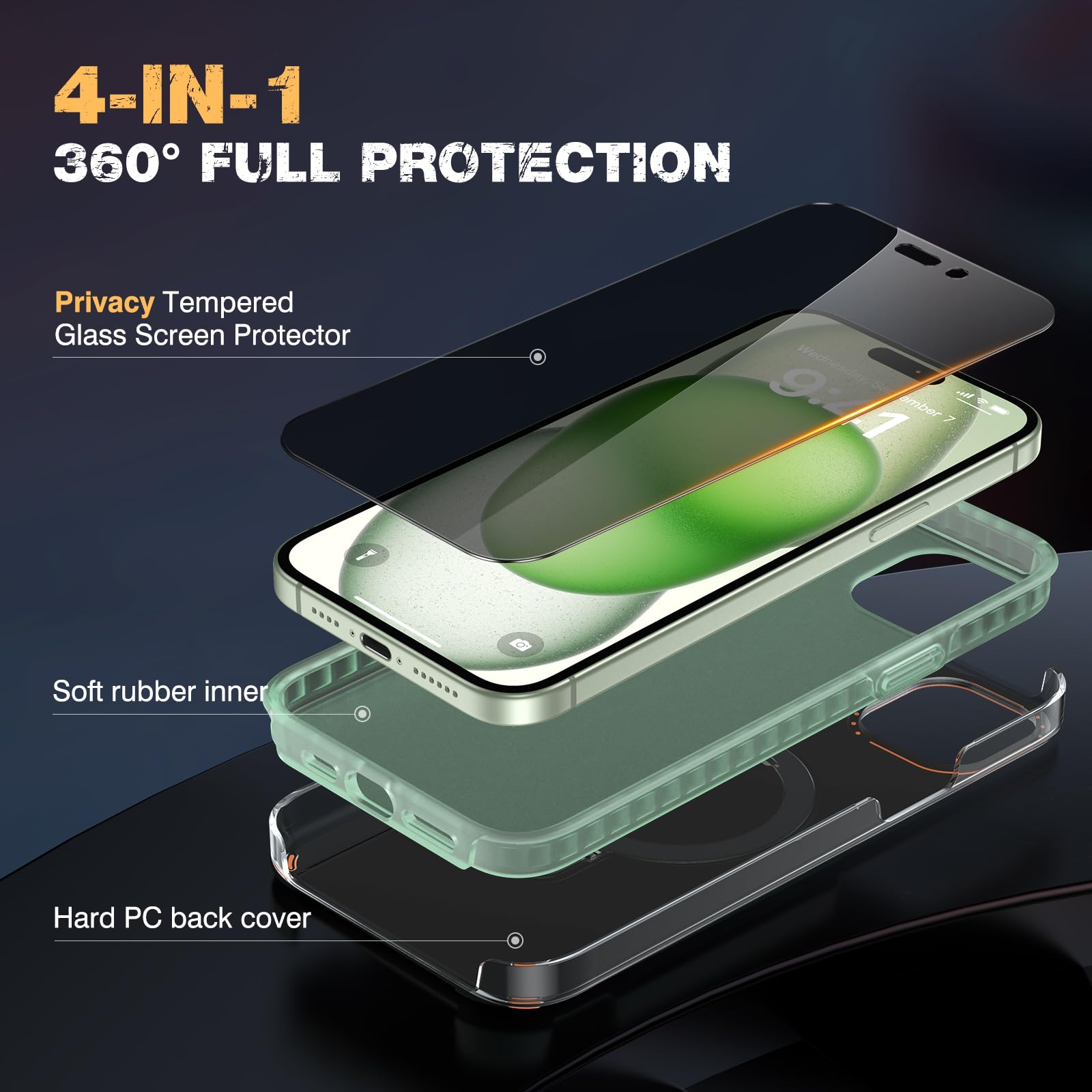 Diaclara Designed For Iphone 15 Plus Case With Stand, [With Privacy Screen Protector] [Anti Spy] [Military Grade Drop Protection