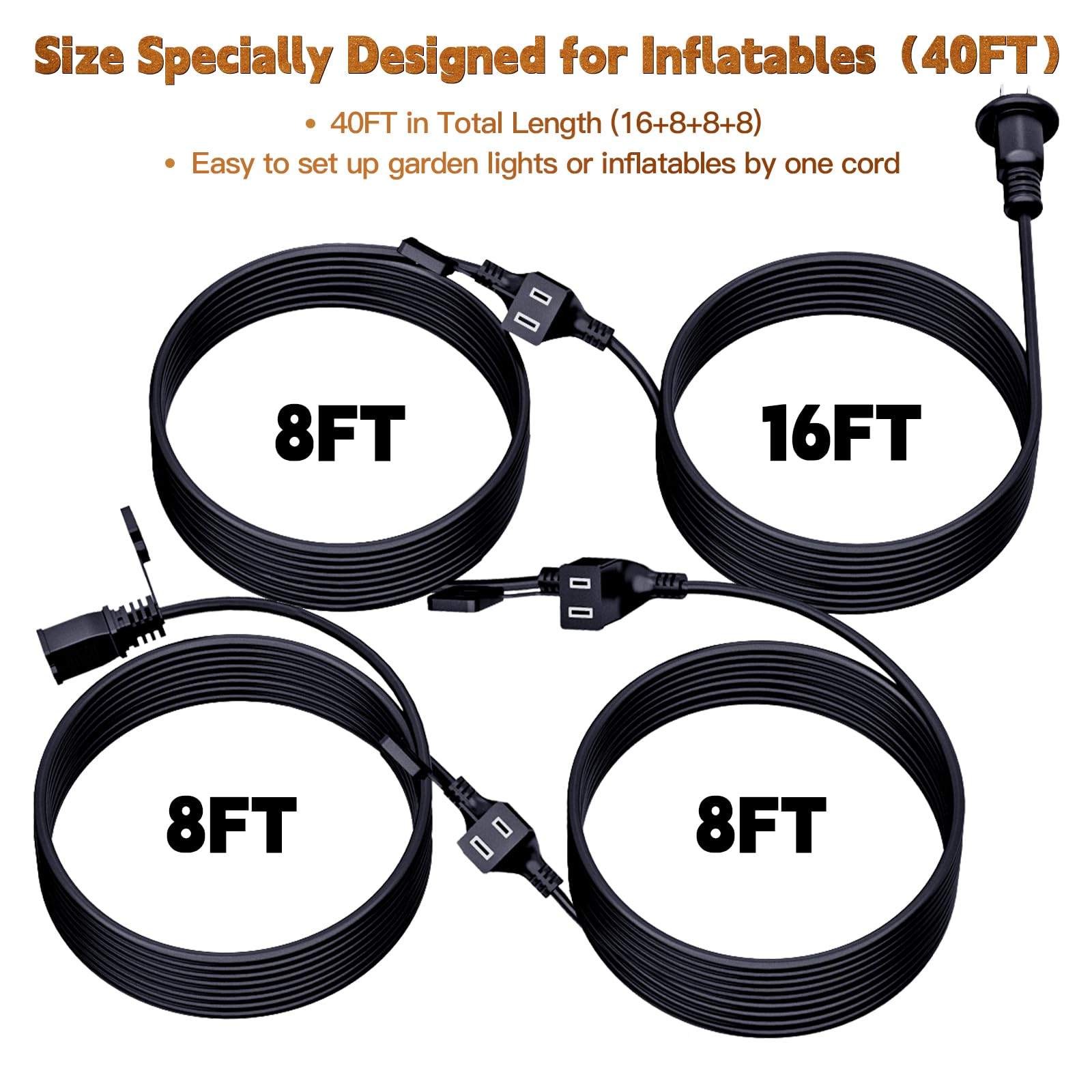 40Ft Outdoor Extension Extension Cord For Halloween Christmas Inflatables With Multiple Outlets Black Electrical Cord With Multi