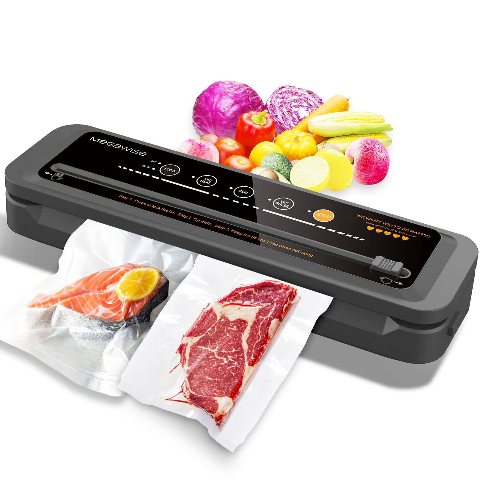Megawise Vacuum Sealer Machine | 80Kpa Suction Power| Bags And Cutter Included | Compact One Touch Automatic Food Sealer With Ex