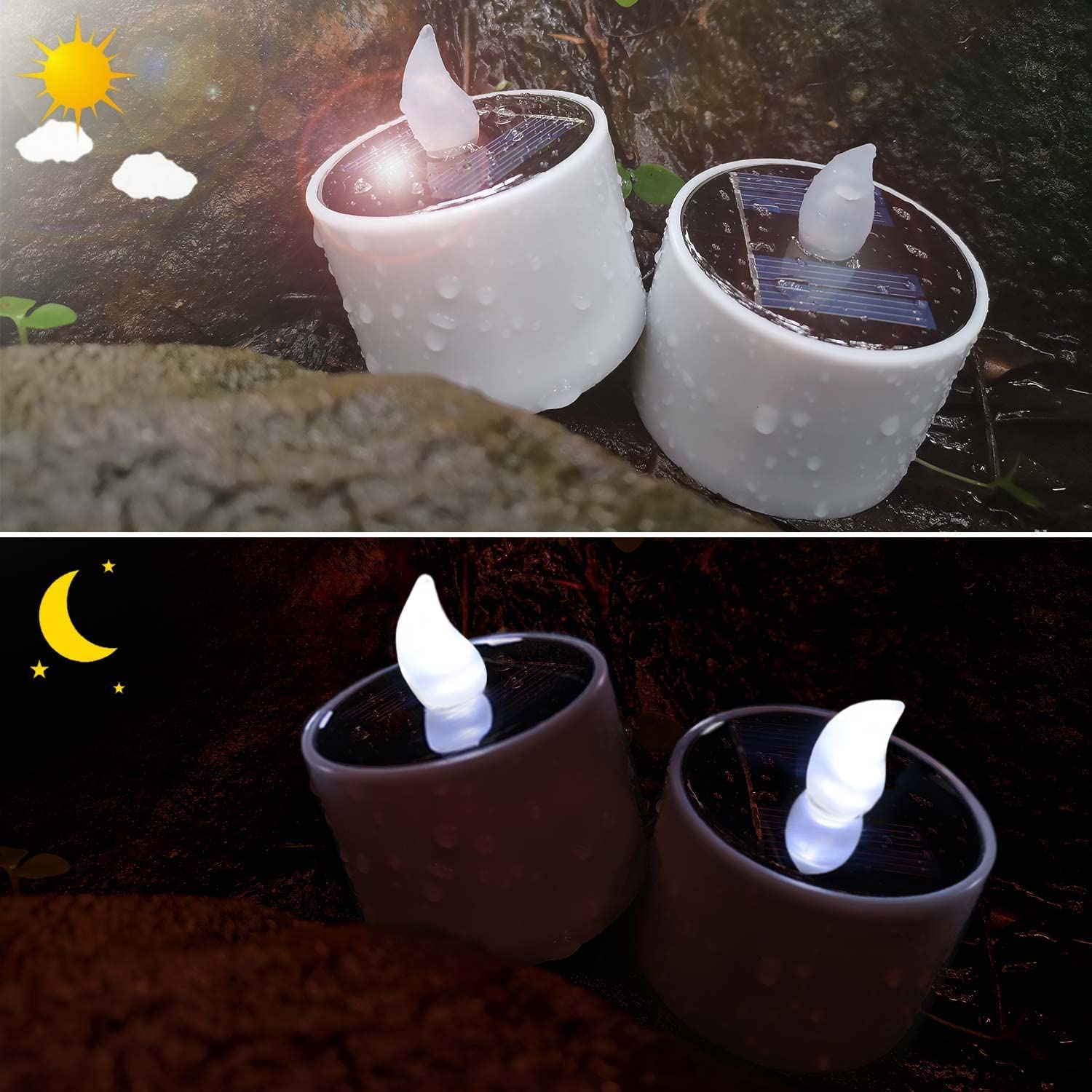 Singtok 6 Pcs Solar Powered Tea Light Waterproof Rechargeable Candles, White Flickering Led Flameless Votive Battery Operated Fo