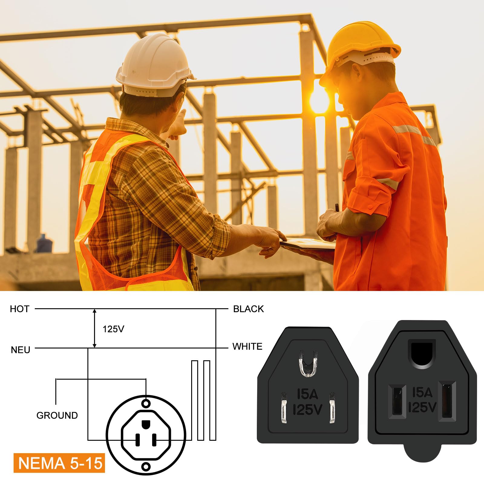 Treela 5 Sets Extension Cord Plug Replacement Extension Cord Ends 125V 15A 2 Pole 3 Wire Male And Female Connector Straight Plug