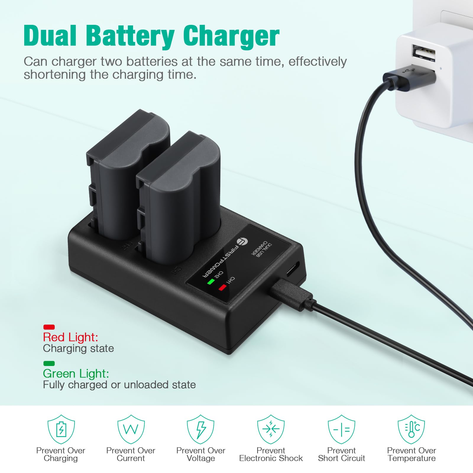 FirstPower BP-511 BP-511a Camera Battery 2-Pack 2200mAh & Dual USB Charger Black for Canon EOS 5D 10D 20D 30D 40D 50D